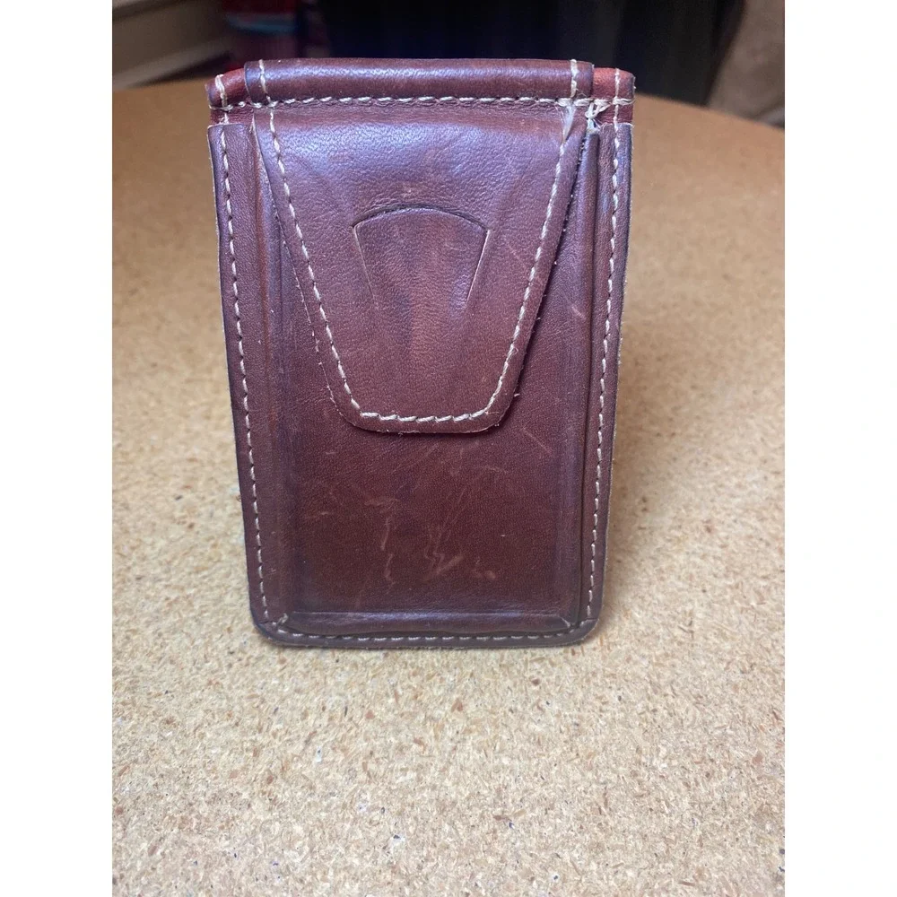 Bass Pro Shops Brown Leather Money Clip Wallet Bifold ID Window USA Made